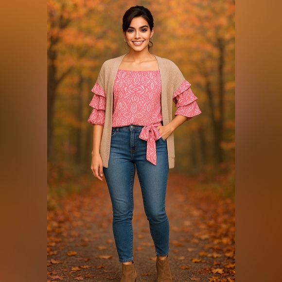 CeCe Pink Ikat Paisley Off-Shoulder Top Ruffle Sleeve S Boho Chic Summer to Fall - Picture 1 of 11